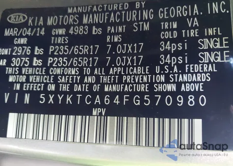 2015 Kia Sorento Lx z USA, uszkodzony, nr VIN 5XYKTCA64FG570980